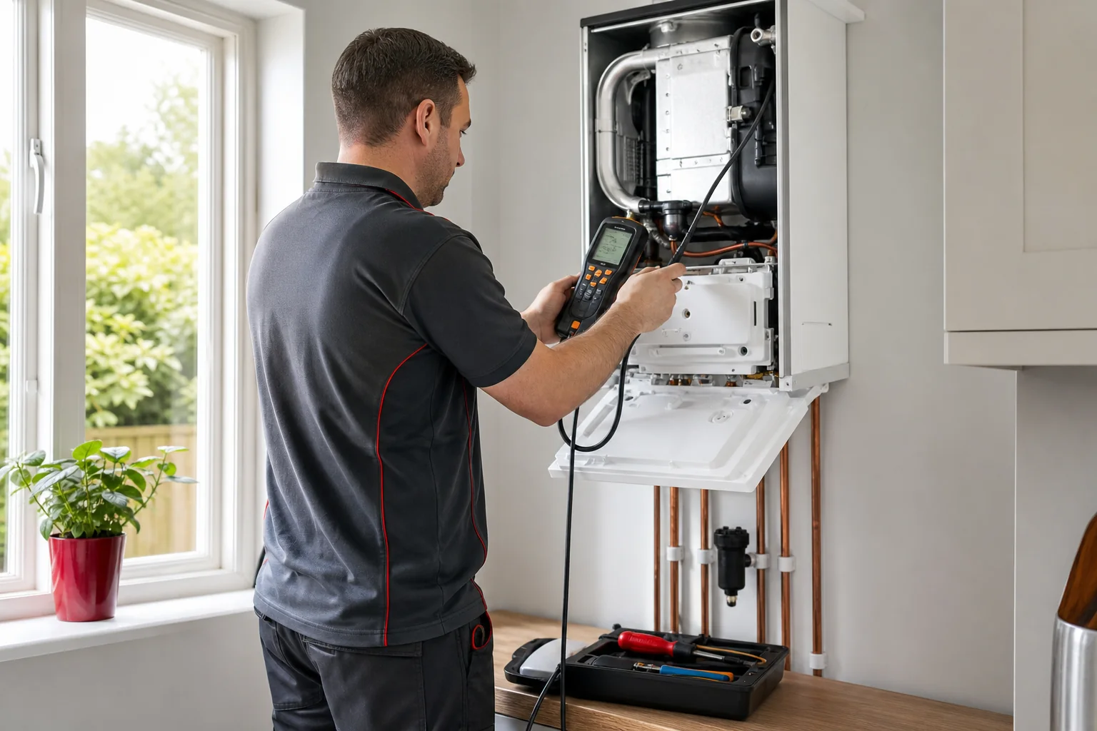 Heating engineer inspecting a domestic boiler